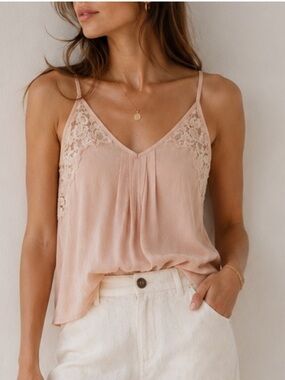 🎀 ARITZIA TALULA Vintage Inspired Cami Blush Pink Beige Lace Strap Top Sz Small